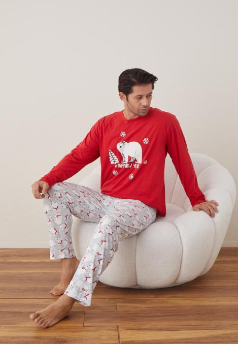 Pijama barbati Craciun "HAPPY NEW YEAR" , maneca lunga ,pantaloni lungi,Culoare Rosu ,Engros